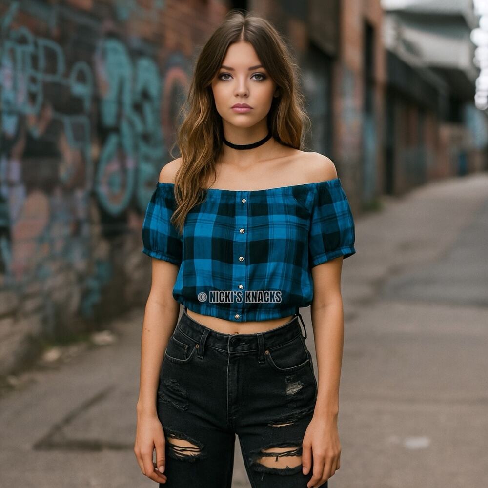 Urban Renewal Plaid Cropped Peasant Top Y2K Grunge Western Shirt Remix S/M